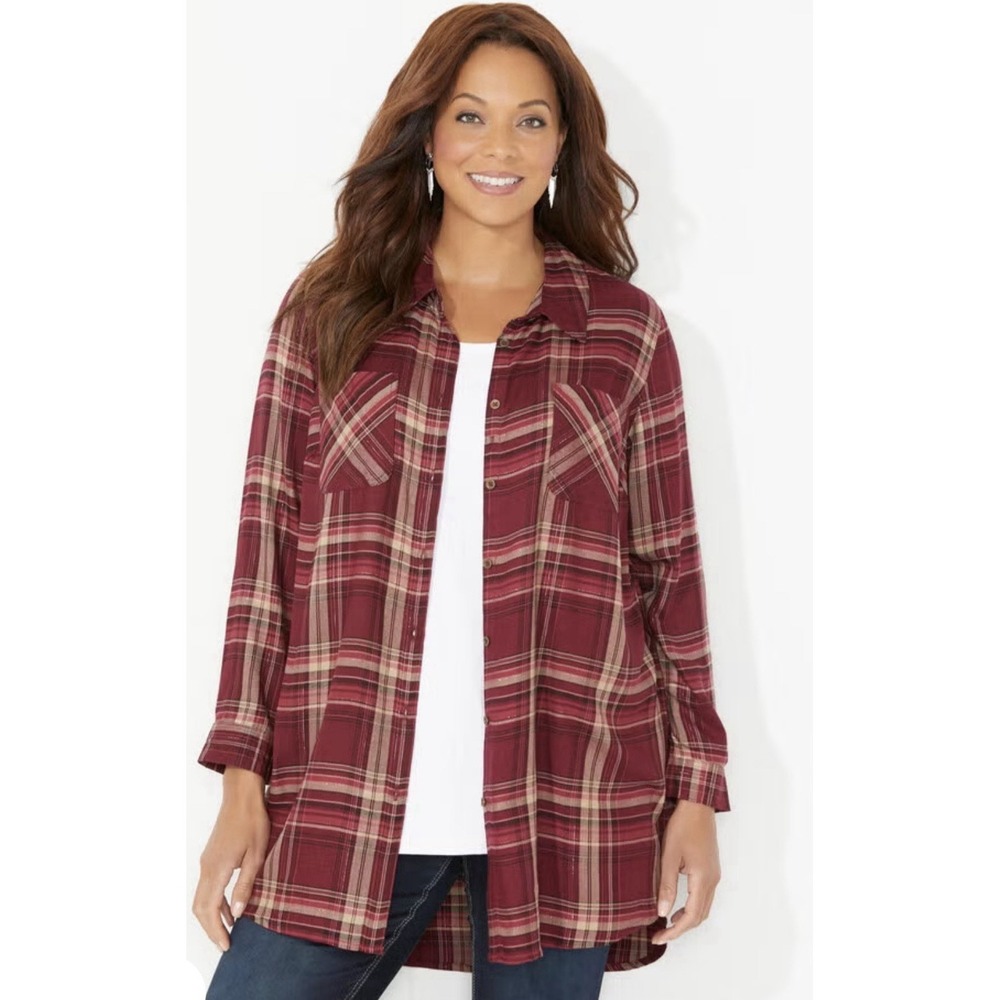 Women's Catherine's Red Plaid 5X Button Down Shirt Button‎ Back Accent Cabincore